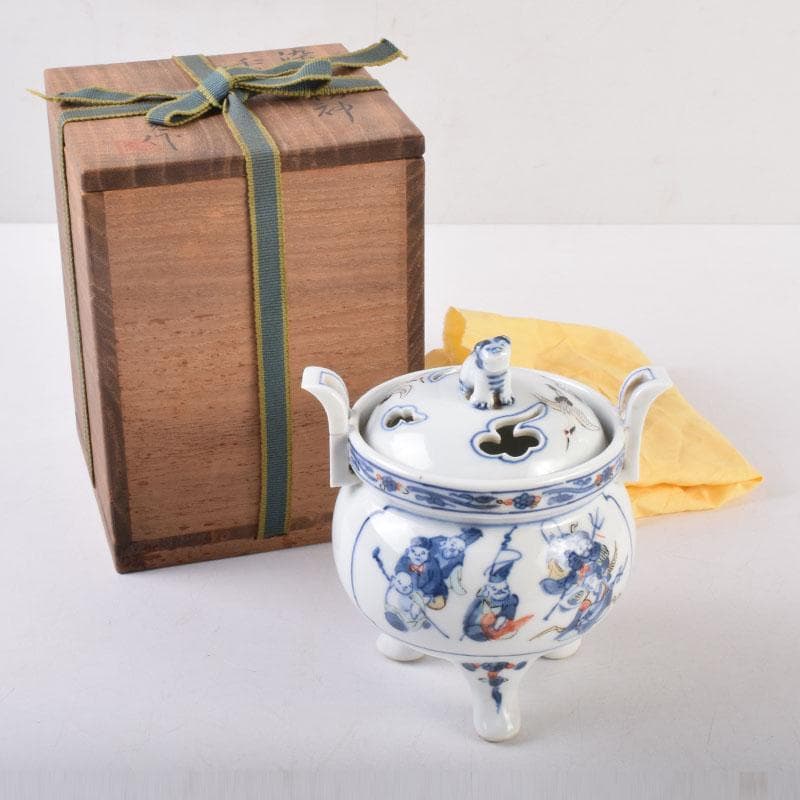 陶芸家　森野嘉光作　染錦　七福神図　双耳香炉　共箱　V　8506