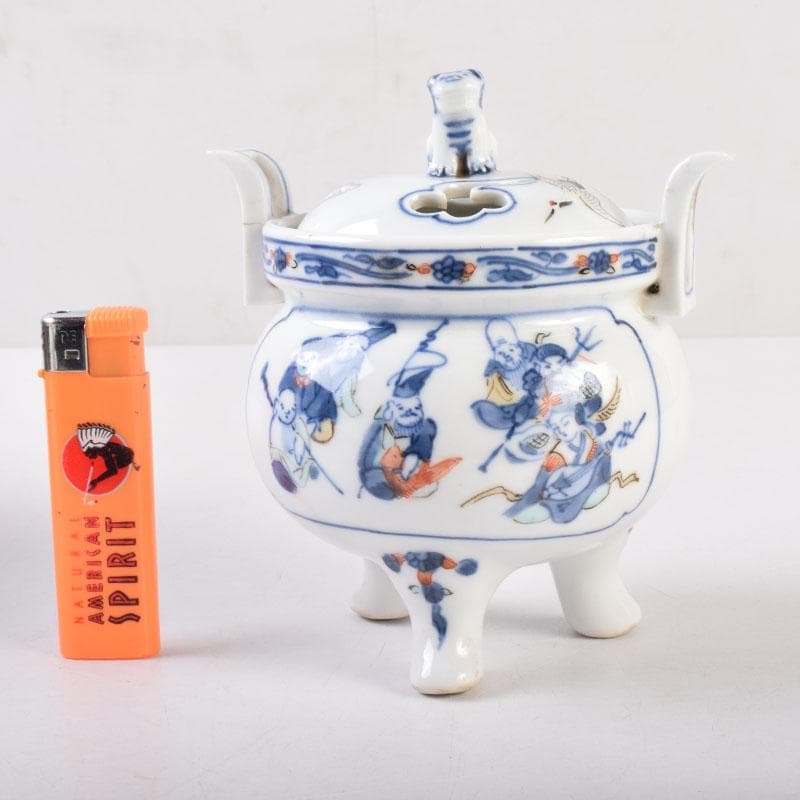 陶芸家　森野嘉光作　染錦　七福神図　双耳香炉　共箱　V　8506