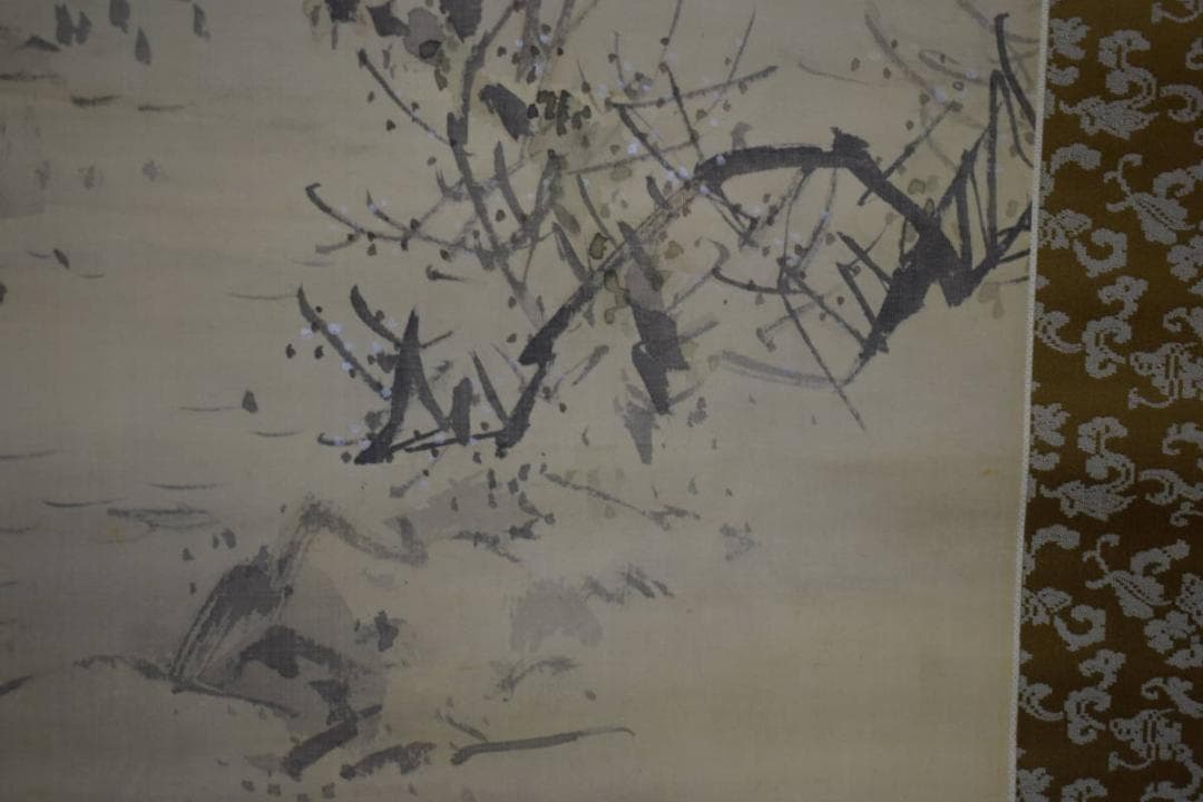 真作/里見雲嶺/山水梅花図/民家図/絹表装/布袋屋掛軸HI-955
