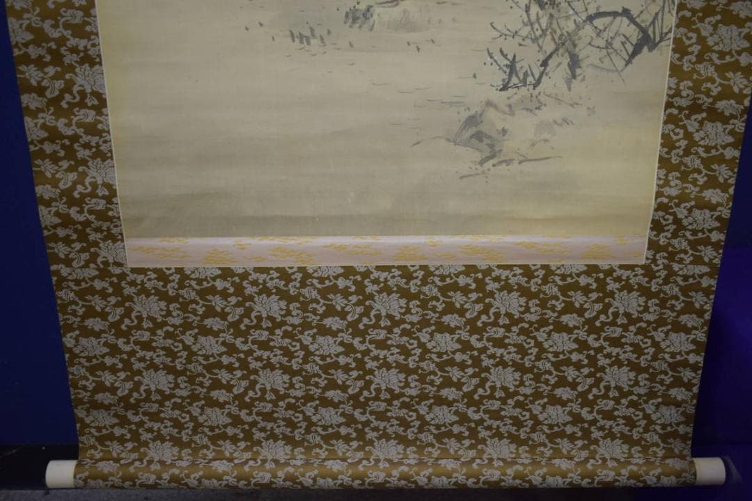 真作/里見雲嶺/山水梅花図/民家図/絹表装/布袋屋掛軸HI-955