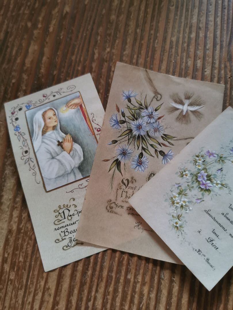 アンティーク 手描ホーリーカード フランス ベルギー 矢車草 初聖体式 菫と菊