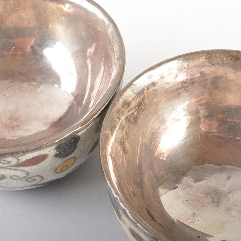 中国　唐物　古七宝内銀張　花草文　盃　一對　時代箱　M　6643