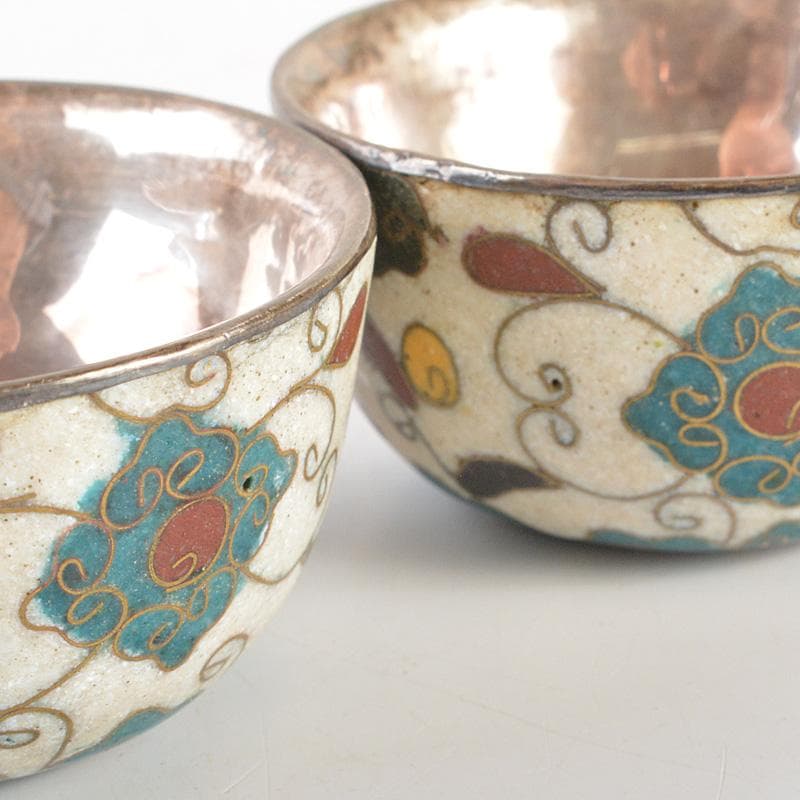 中国　唐物　古七宝内銀張　花草文　盃　一對　時代箱　M　6643