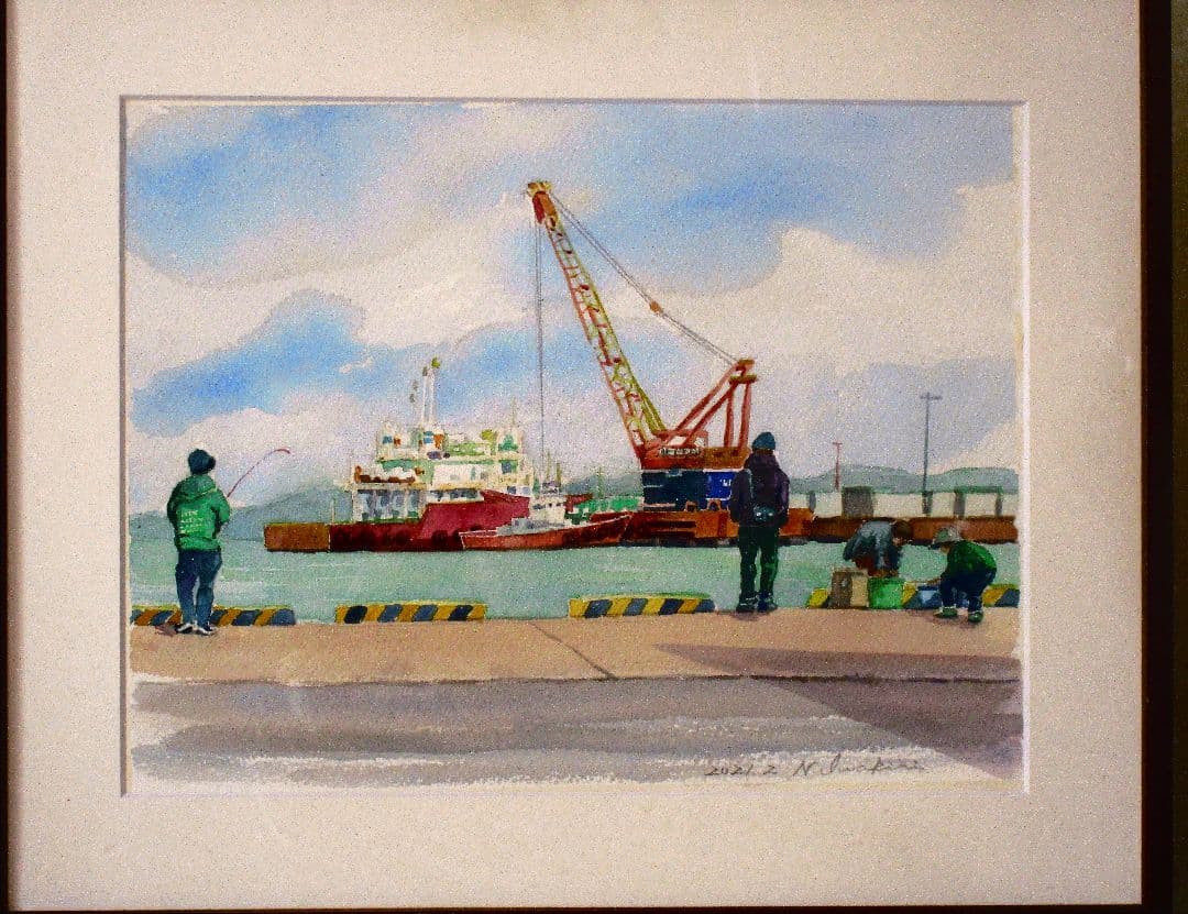 港の風景 水彩画 F6サイズ 原画 額装済み
