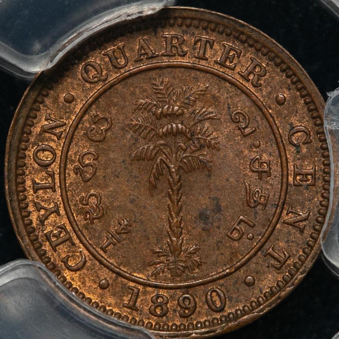 美品　PCGS-MS63BN セイロン 1890 ヴィクトリア 1/4C　銅貨