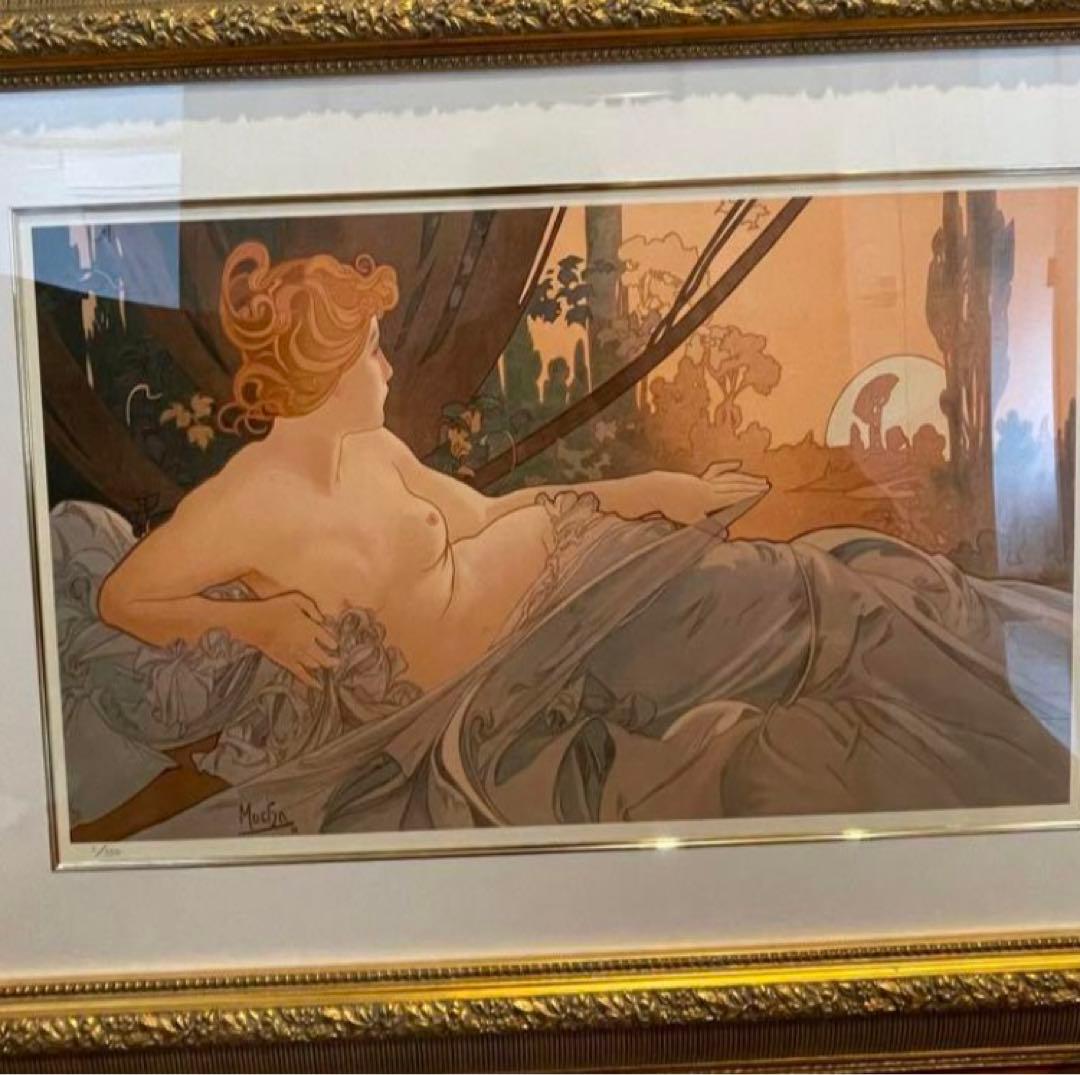 真作/ミュシャ[夜明け]シルクスクリーン(71/300)サインed有り/新品額装