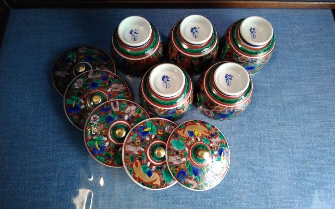 九谷焼　蓋茶碗5客　上出長右ェ門窯