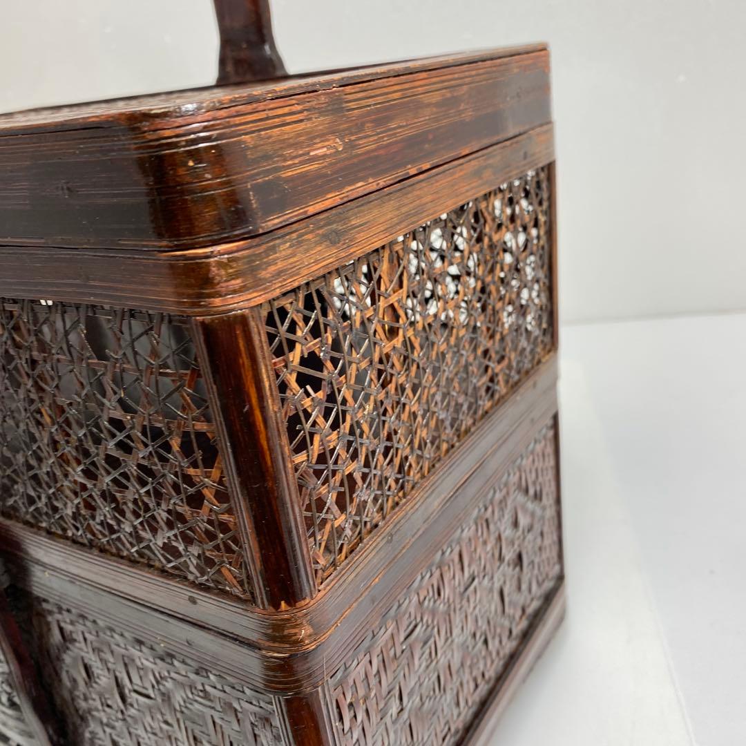 時代　竹編提藍　持ち手込高さ33.5㎝　東Y7-0217②トヒチサ