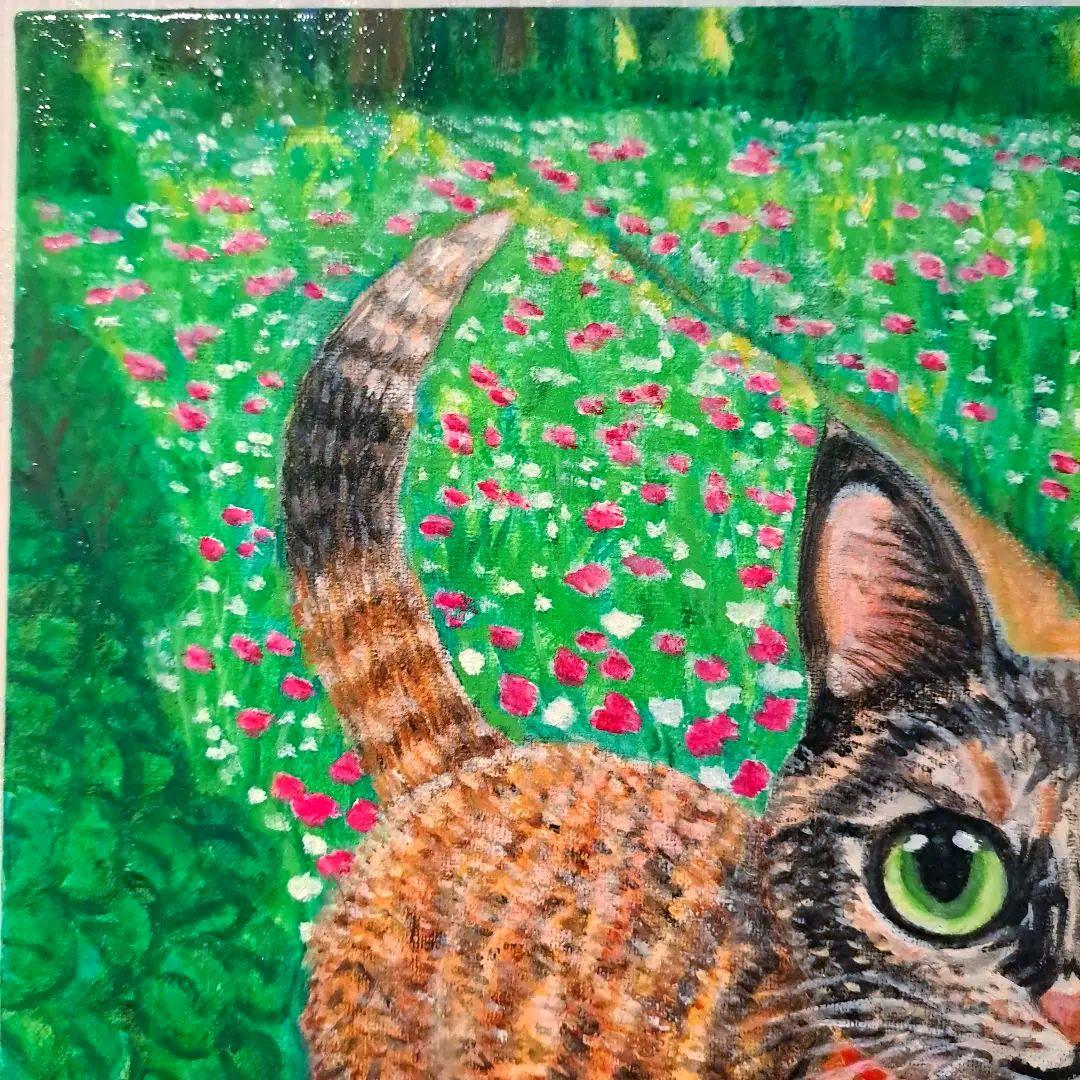 キャンバス油絵　専用　サビ猫ジジちゃんのわくわく散歩♪♪