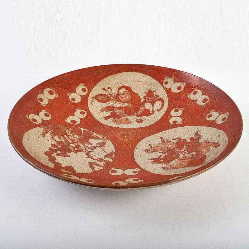 九谷焼　古九谷　赤絵　窓絵　山水人物馬文　大皿　直径約33㎝　U　R9426B