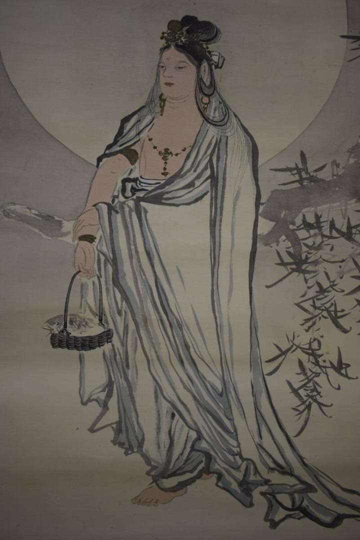 真作/源藻川/魚籃観音図/桐共箱付/布袋屋掛軸HJ-6