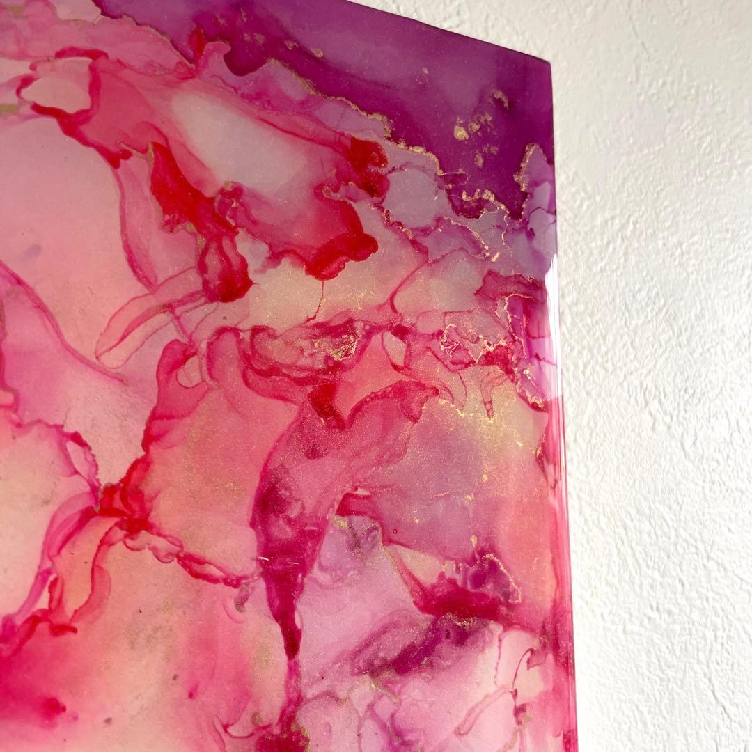 アルコールインクアート　ピンク　紫　黄色　レジン　パネル　木製　29.6×21