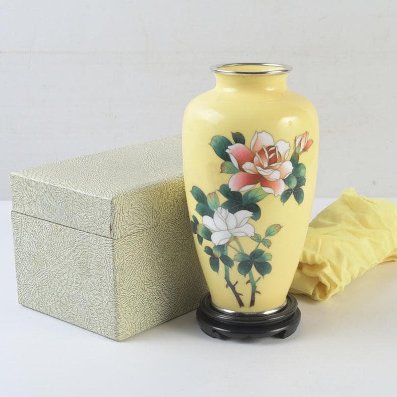 七宝焼　四君子文　花瓶　唐木台・箱付　V　9872