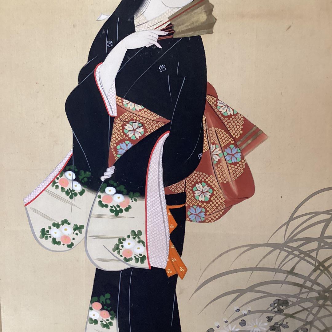 絹本着色画　【　月　下　美　人　之　図　】　玉泉筆　　桐箱　掛軸　一幅　297