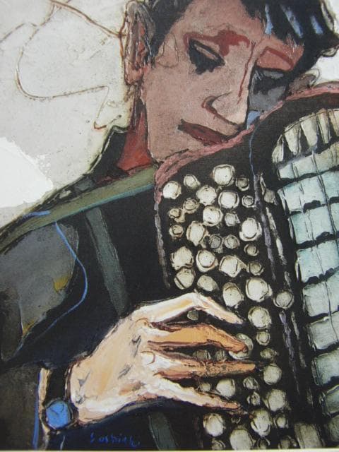 松井ヨシアキ、「アコーディオン弾き」、希少な額装用画集より、新品高級額装付