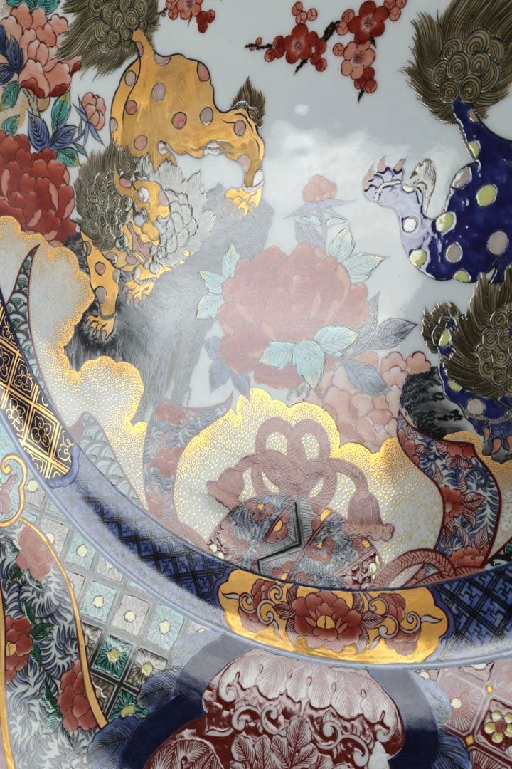 有田焼 神右エ門作 特大染綿唐獅子図大皿 飾皿 皿立付 在銘 古美術 骨董品