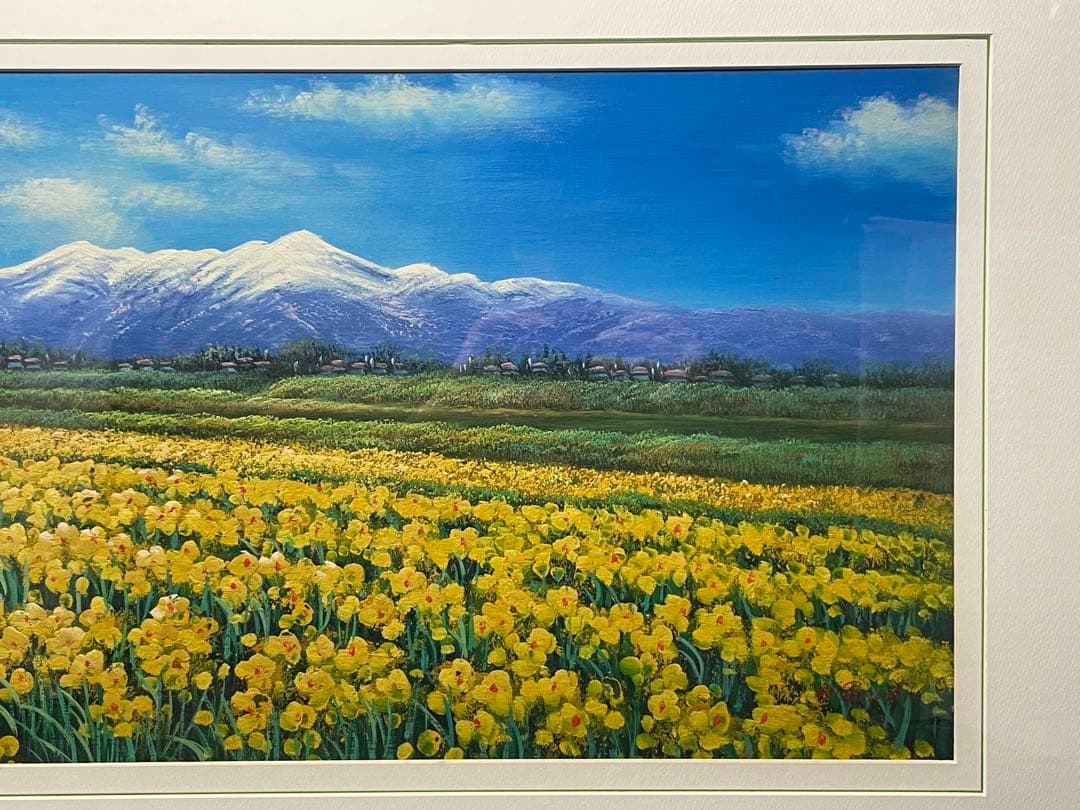 真作　油彩　流月真一　水仙と飯豊山　風景画　肉筆　油絵　額装