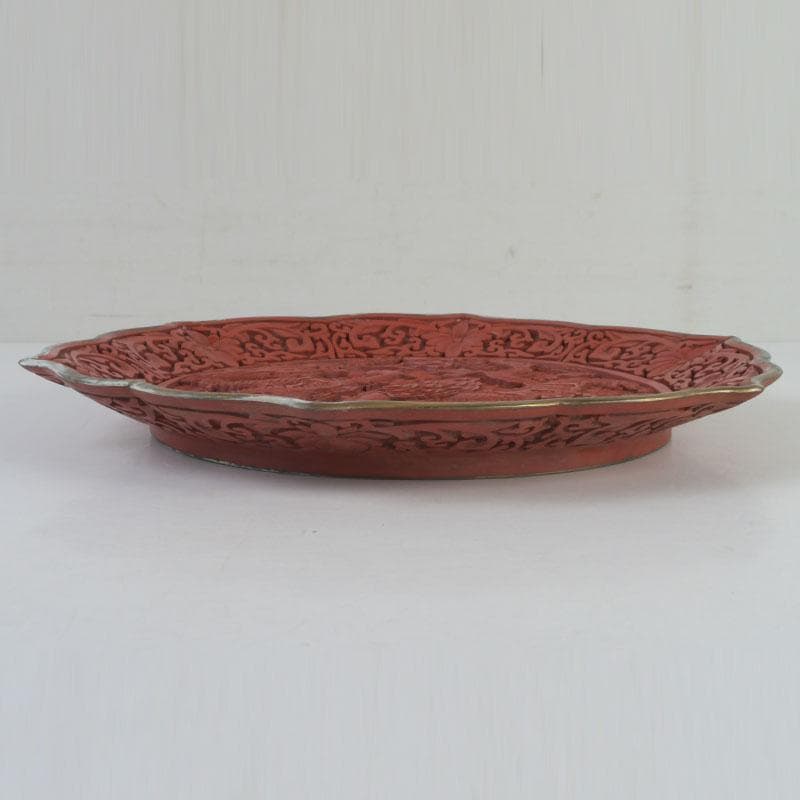 中国　剔紅　堆朱　雲龍文盤　輪花皿　飾皿　皿立付　M　9776