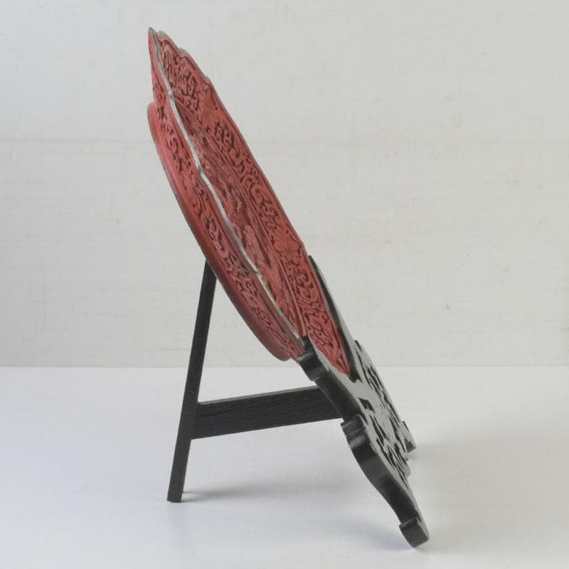 中国　剔紅　堆朱　雲龍文盤　輪花皿　飾皿　皿立付　M　9776