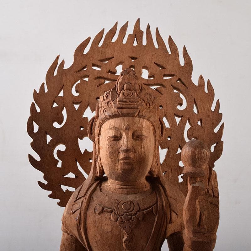 仏教美術　彫刻家　真海徳太郎作　木彫　観世音菩薩　仏像　置物　共箱　VR8302