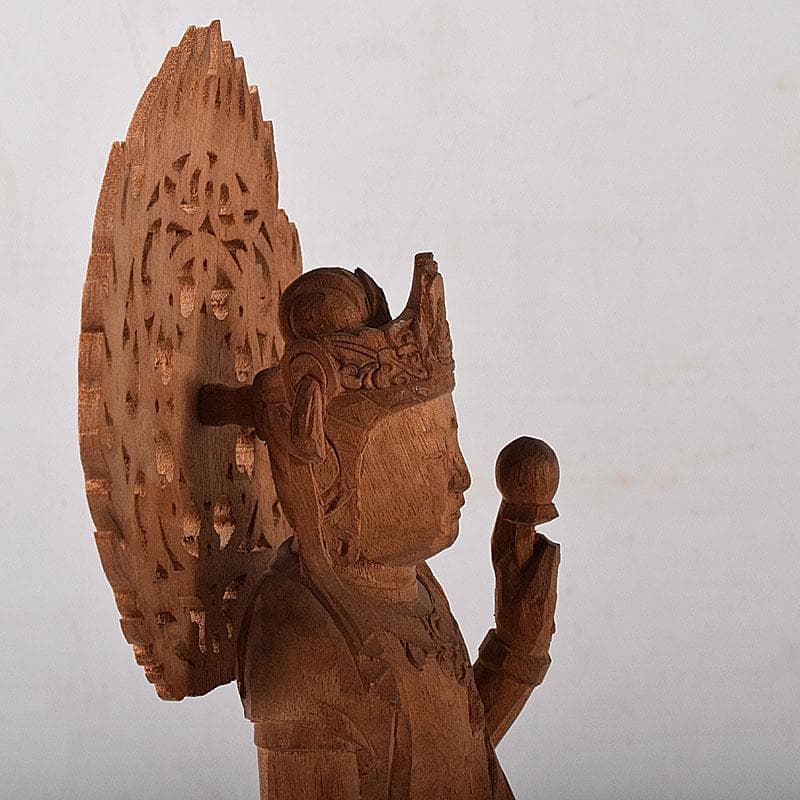 仏教美術　彫刻家　真海徳太郎作　木彫　観世音菩薩　仏像　置物　共箱　VR8302