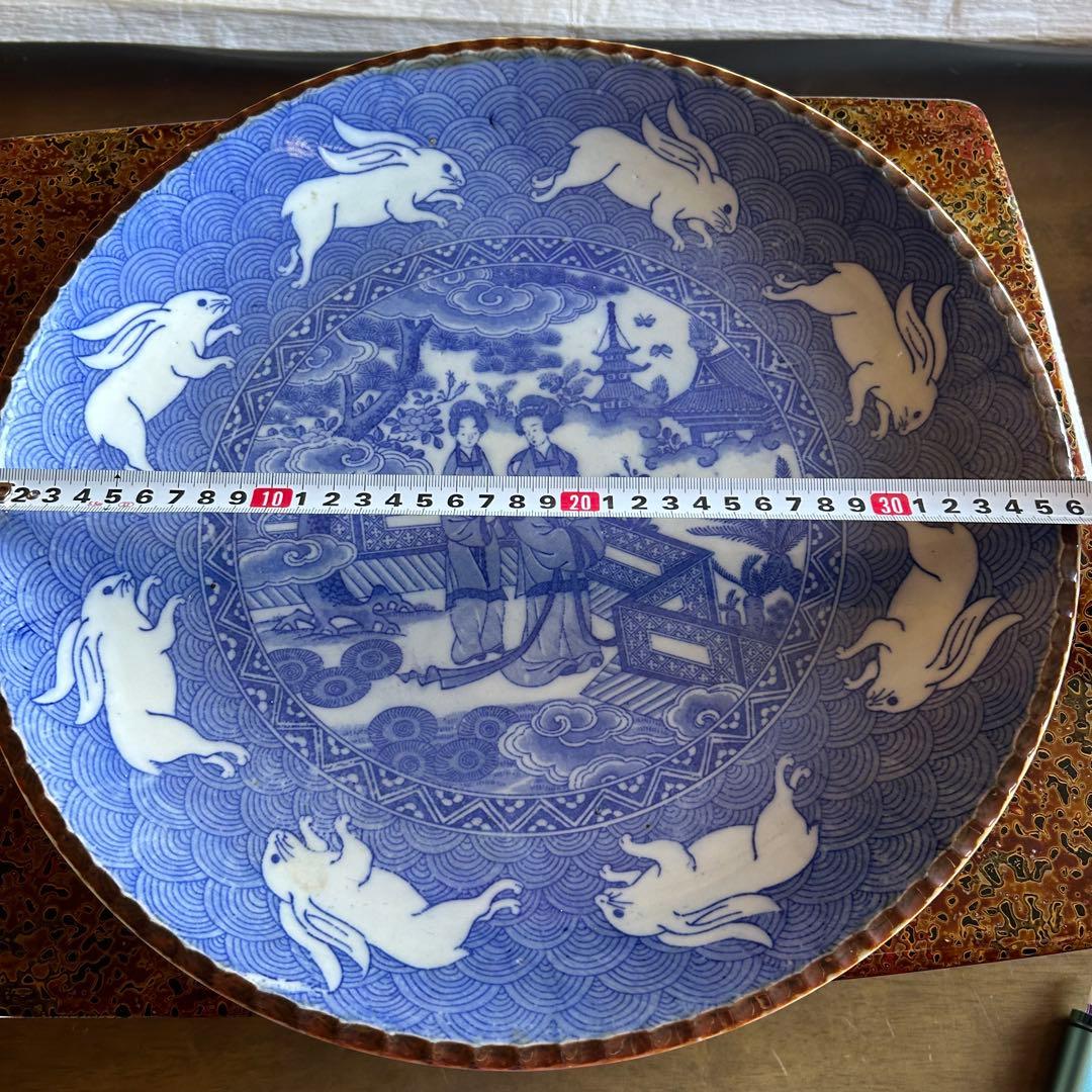 伊万里焼 染付 印判 波乗りうさぎ 明治時代 中国美人画 コレクター収集品