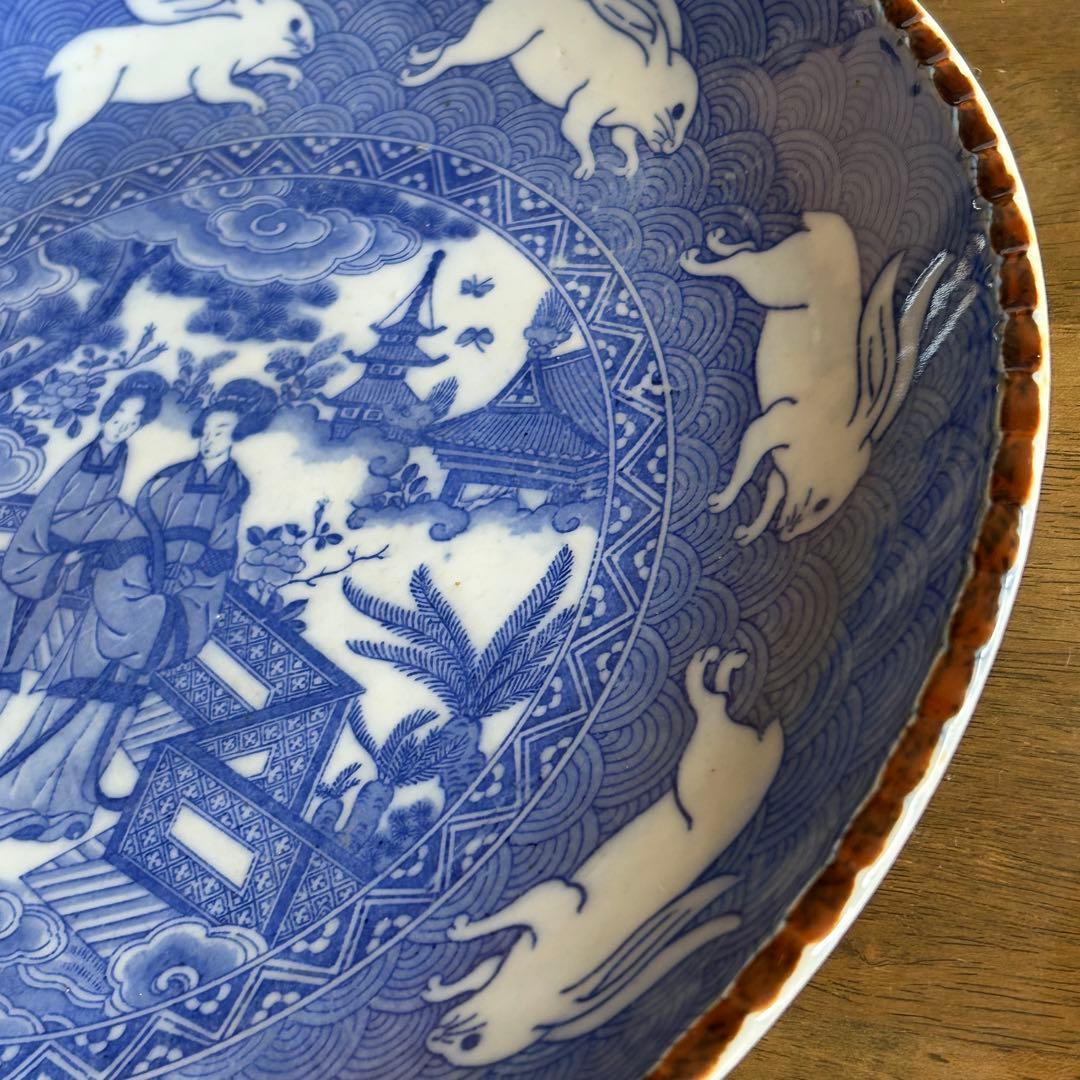 伊万里焼 染付 印判 波乗りうさぎ 明治時代 中国美人画 コレクター収集品