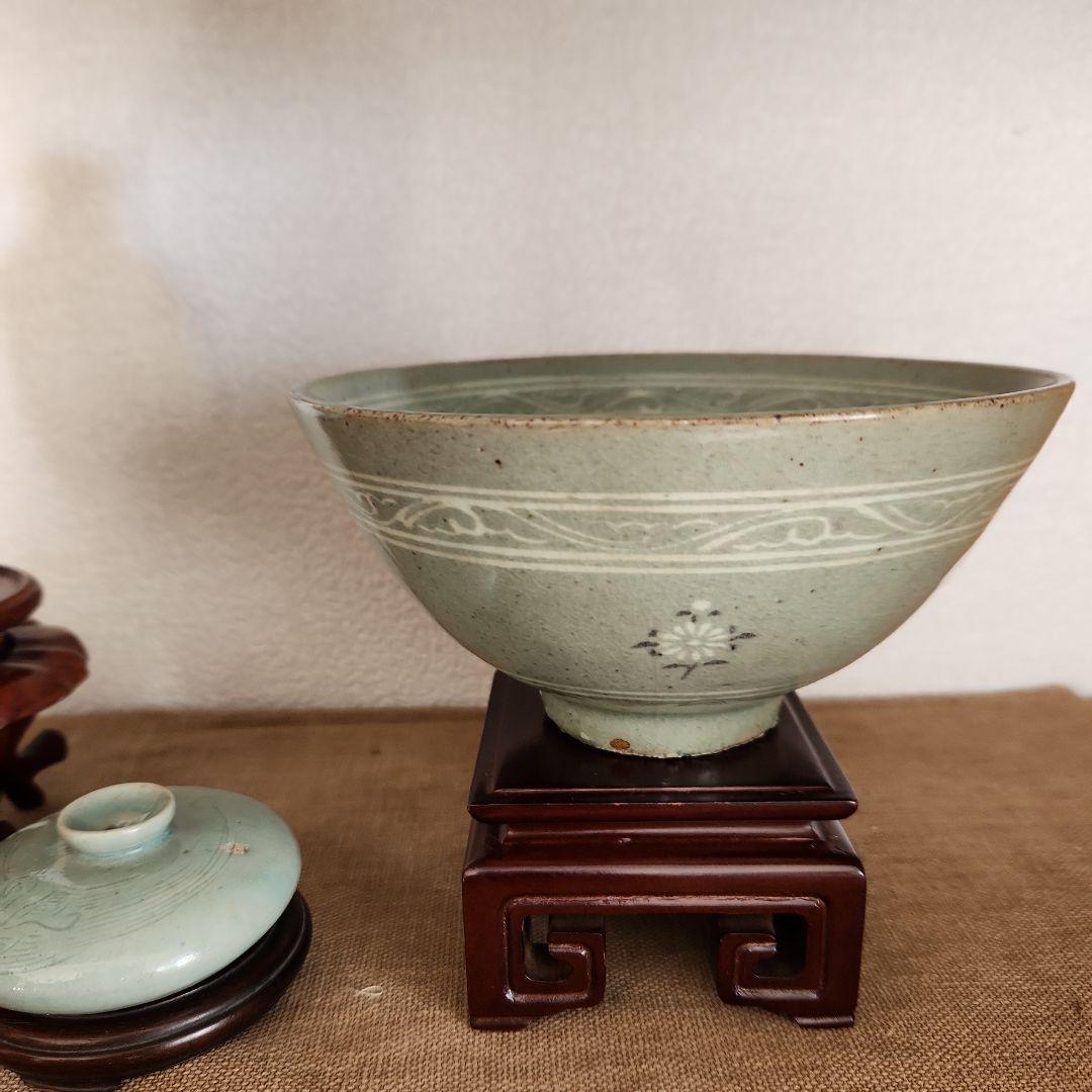 李朝‥青磁象嵌茶碗