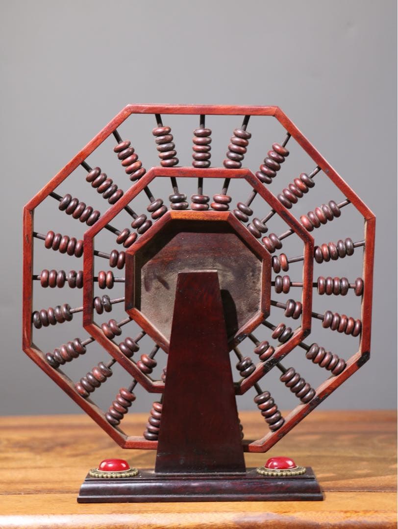 旧蔵　時代物　赤木製　八卦算盤　そろばん　運気が上昇回転屏風付きの飾り品 置物