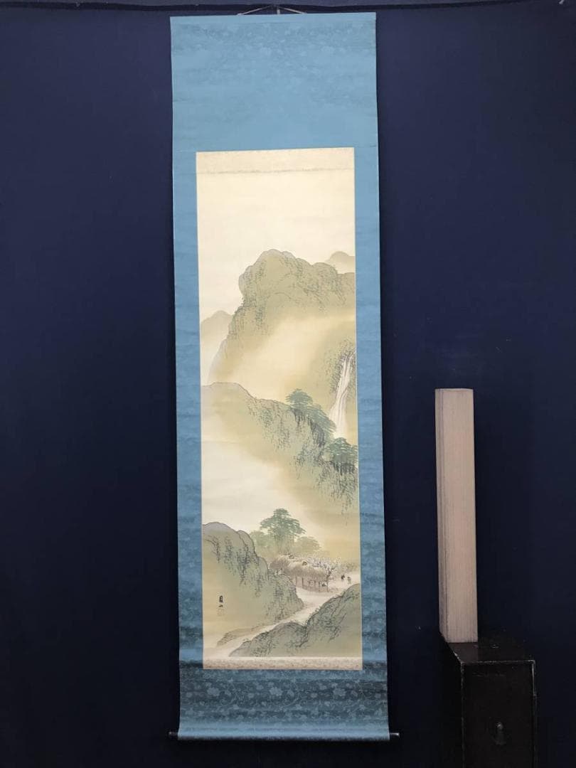 【真作】宮田司山/春景山水図/山水図/人物図/掛軸/名家伝来/AC-318