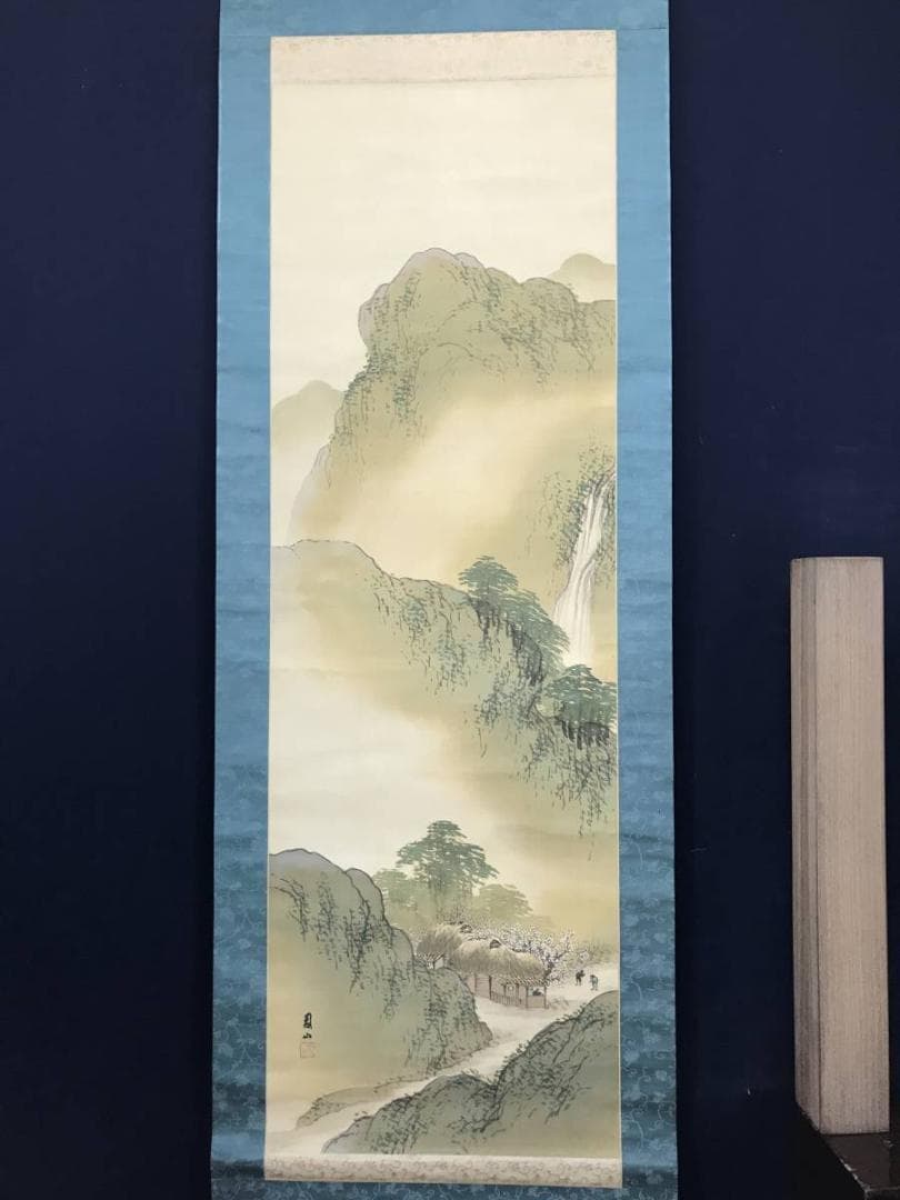 【真作】宮田司山/春景山水図/山水図/人物図/掛軸/名家伝来/AC-318