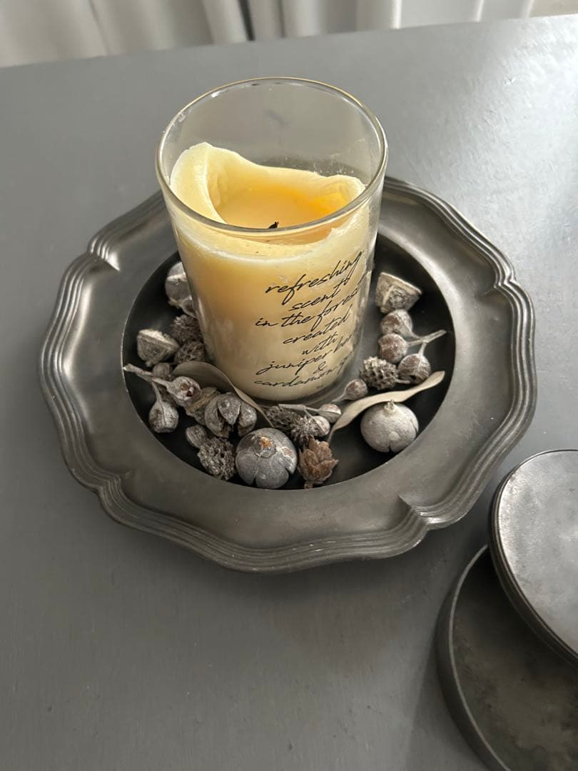 フランス アンティーク ピューター エタン 花リム 深皿と小物入れ　2点セット