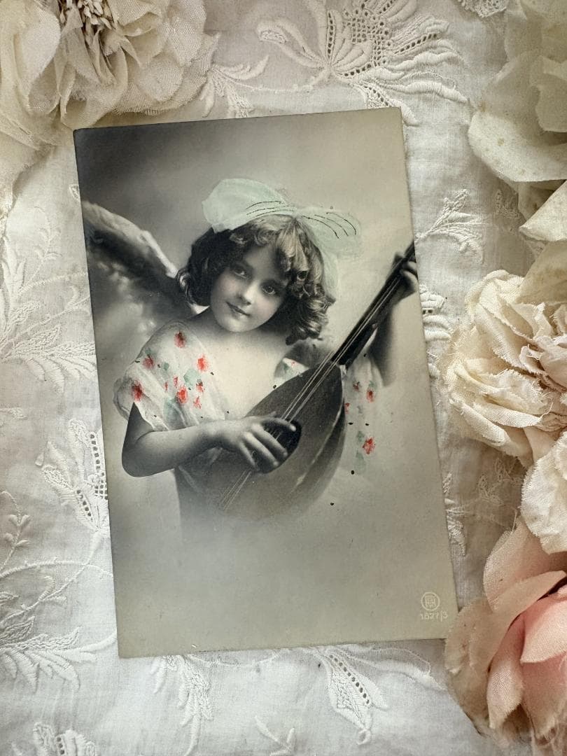 アンティーク ポストカード マンドリンと美しい少女