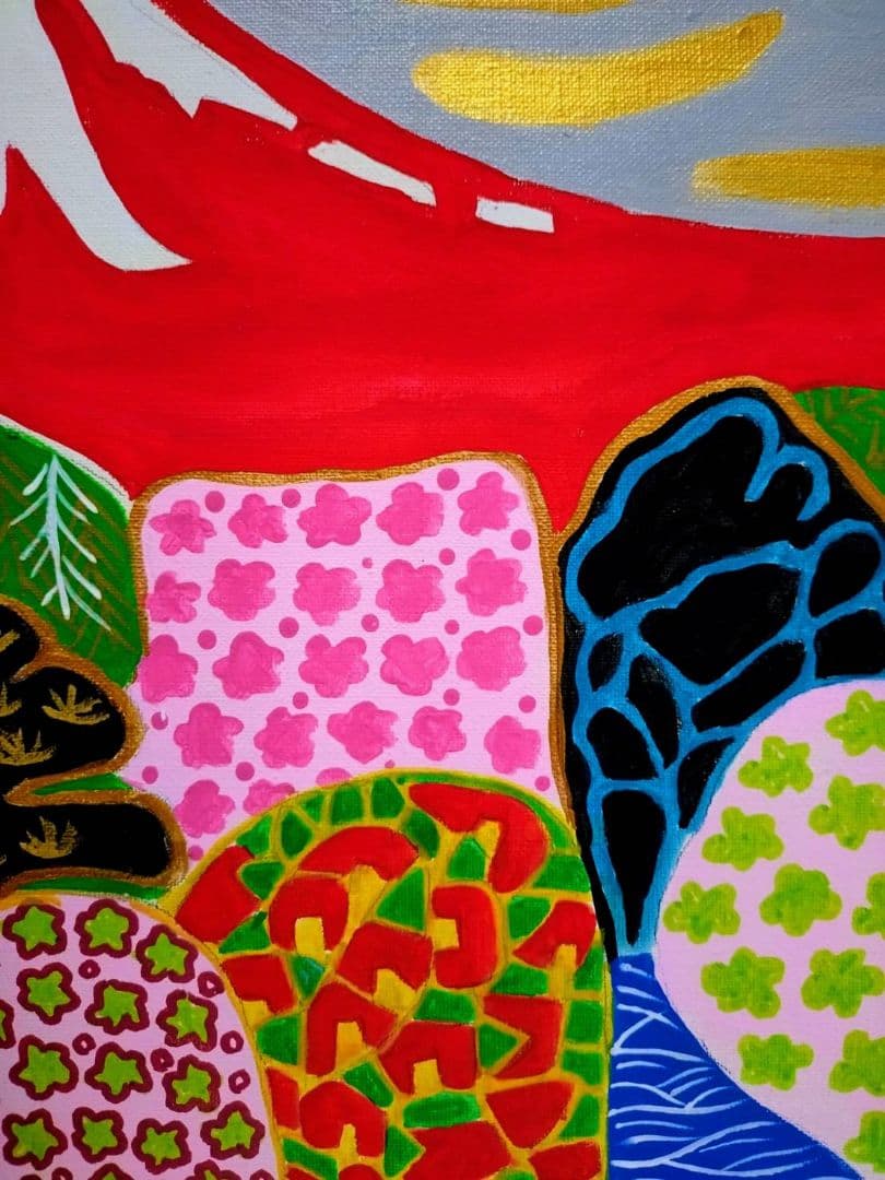 【F6号】片岡球子【花咲く富士】手描き作品/サイン有/油彩/アクリル/額縁/額装