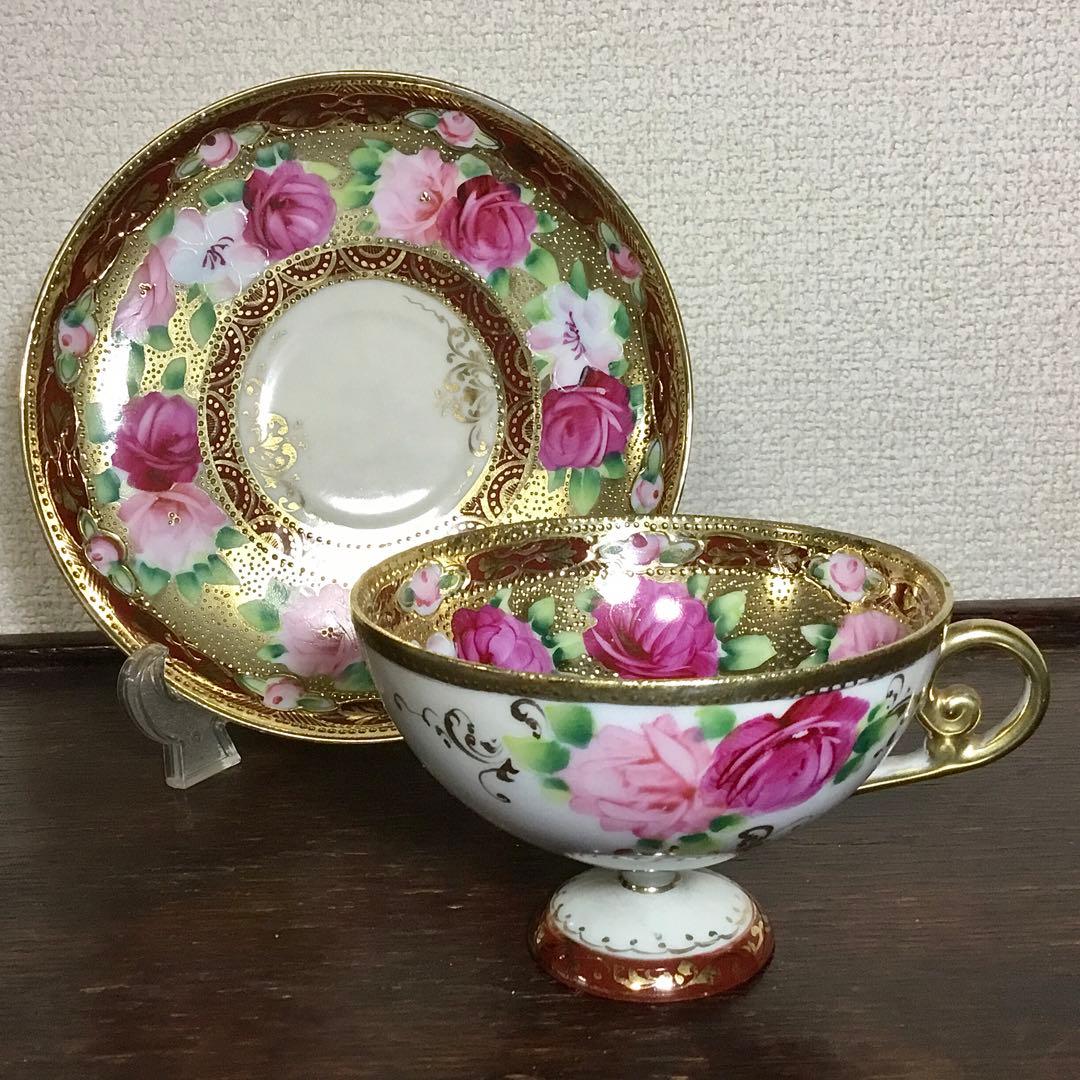 オールド名陶◆ティーカップ ソーサー◆傷あり 金継ぎ用 金彩 薔薇 バラ 戦前