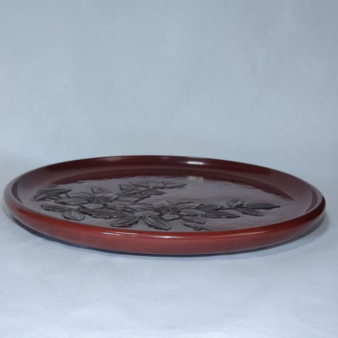 鎌倉彫 丸盆12寸(直径36.5cm) 鉄線柄 花柄 大サイズ木製盆 極美品