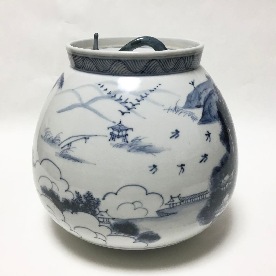 芋頭水指 染付 膳所焼 陽炎園 木箱難あり 茶道具 古物品