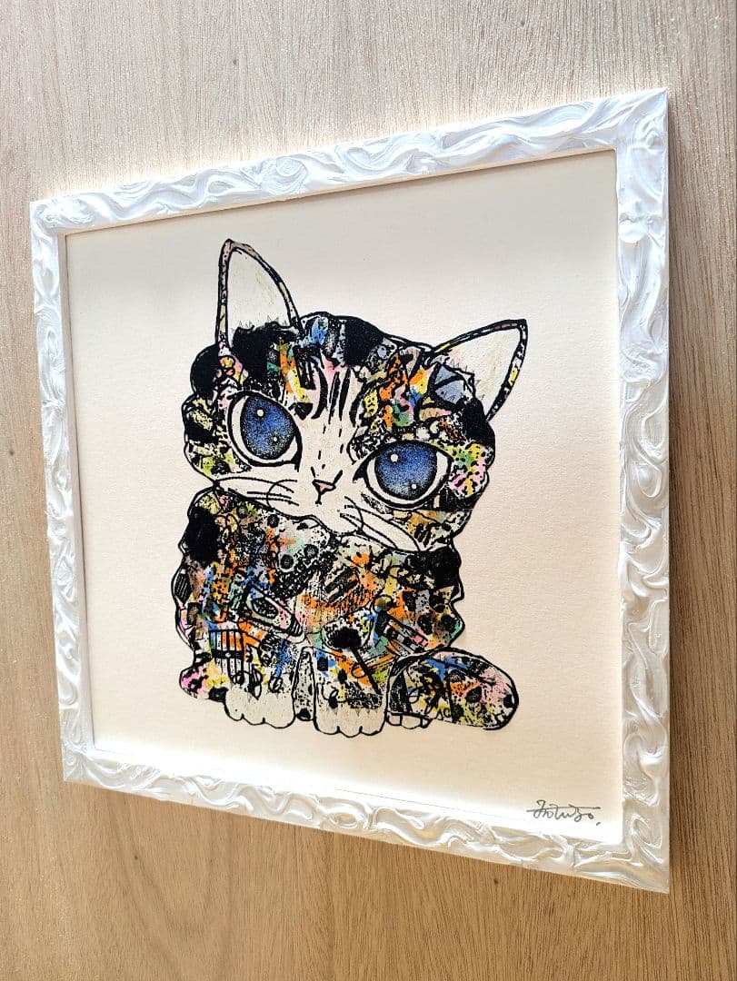 手作り額付き銅版画カラー作品　title「きらめきニャンコ」