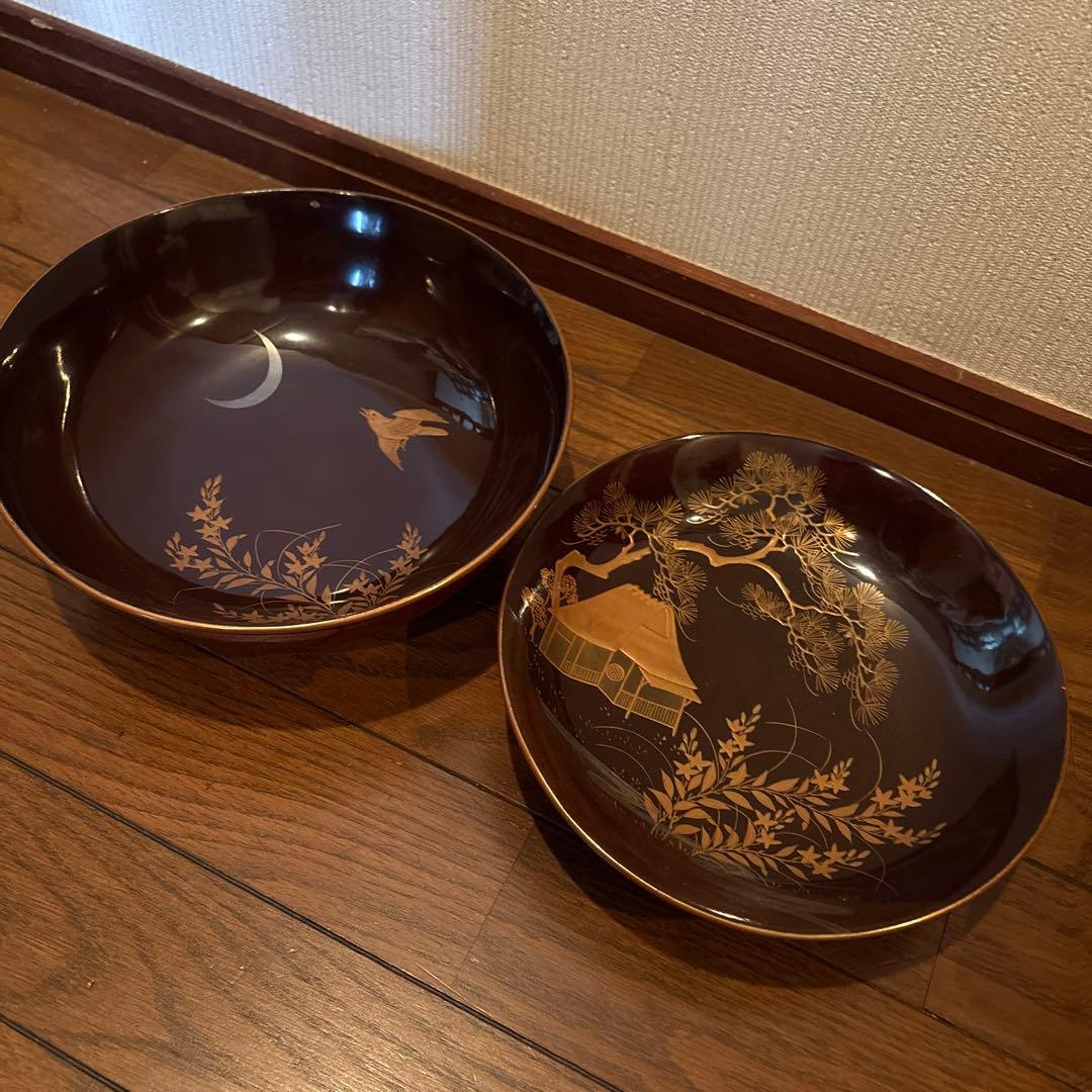 黒塗蒔絵菓子鉢アンティーク大平木箱付き漆器蓋付き金蒔絵風流な絵付けわびさび茶道具