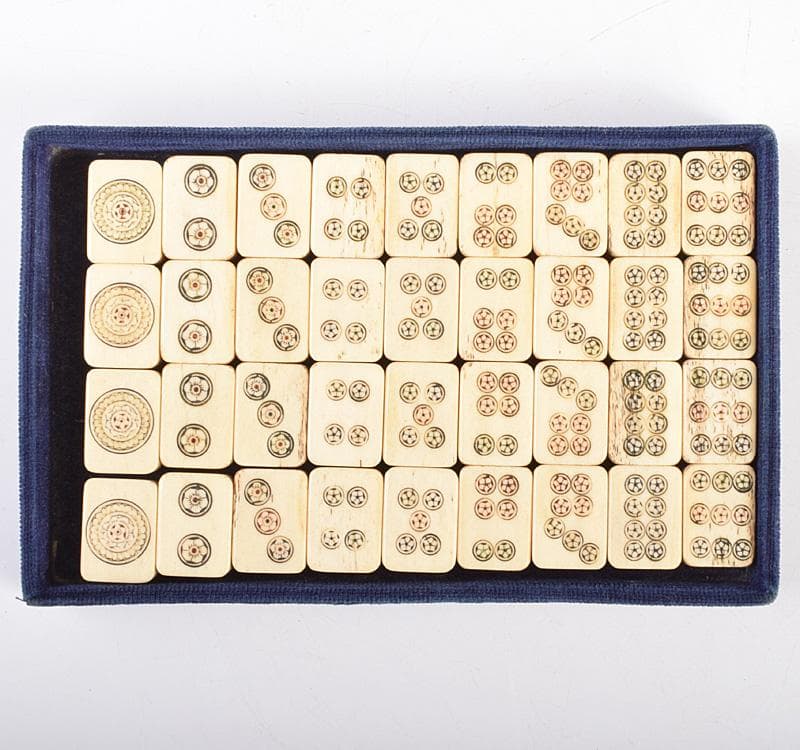 中国　竹嵌　骨牌　背竹牌　麻雀牌　皮ケース付　M　8694