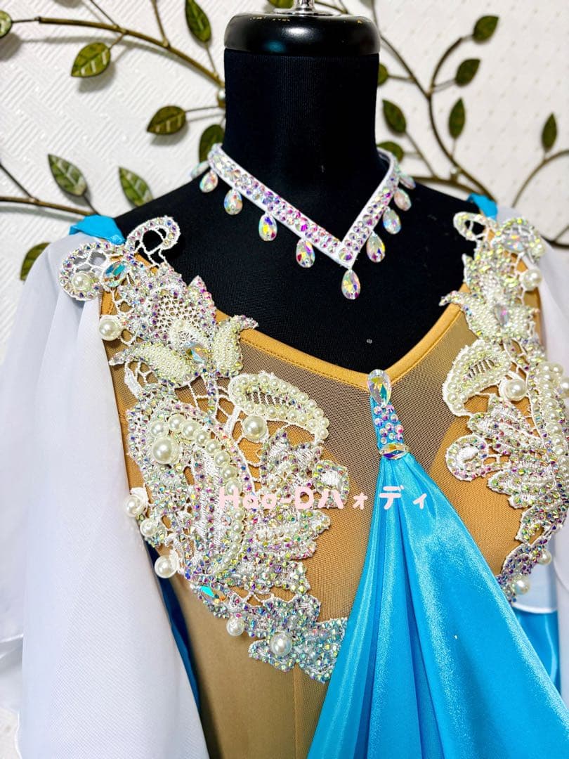 新品★ドレス★スムース★ルンバ★社交ダンス★ドレープ★競技会★デモ★アクアブルー