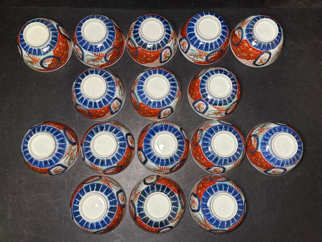 骨董 古伊万里 錦手 花鳥図 蓋茶碗 16客 無傷 明治 江戸 染錦 木箱