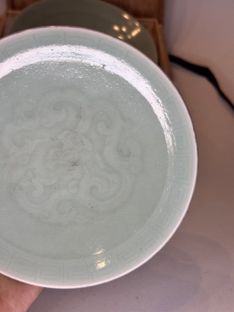青磁 小皿 二枚 組 後配箱 付 中国陶磁 古美術