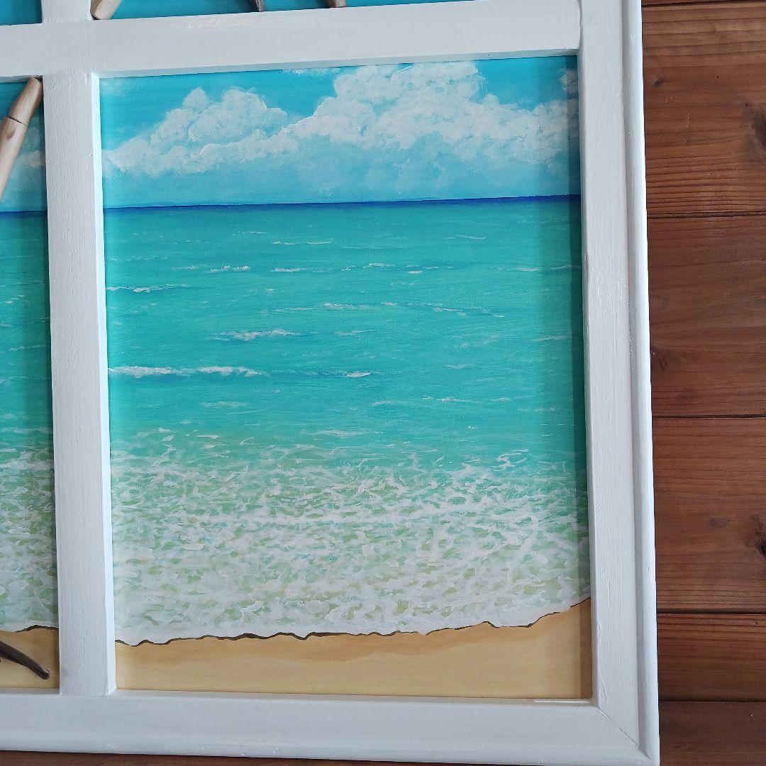 アクリル画　流木作品　海が見える窓　　　　　空と海とヤシの木の風景
