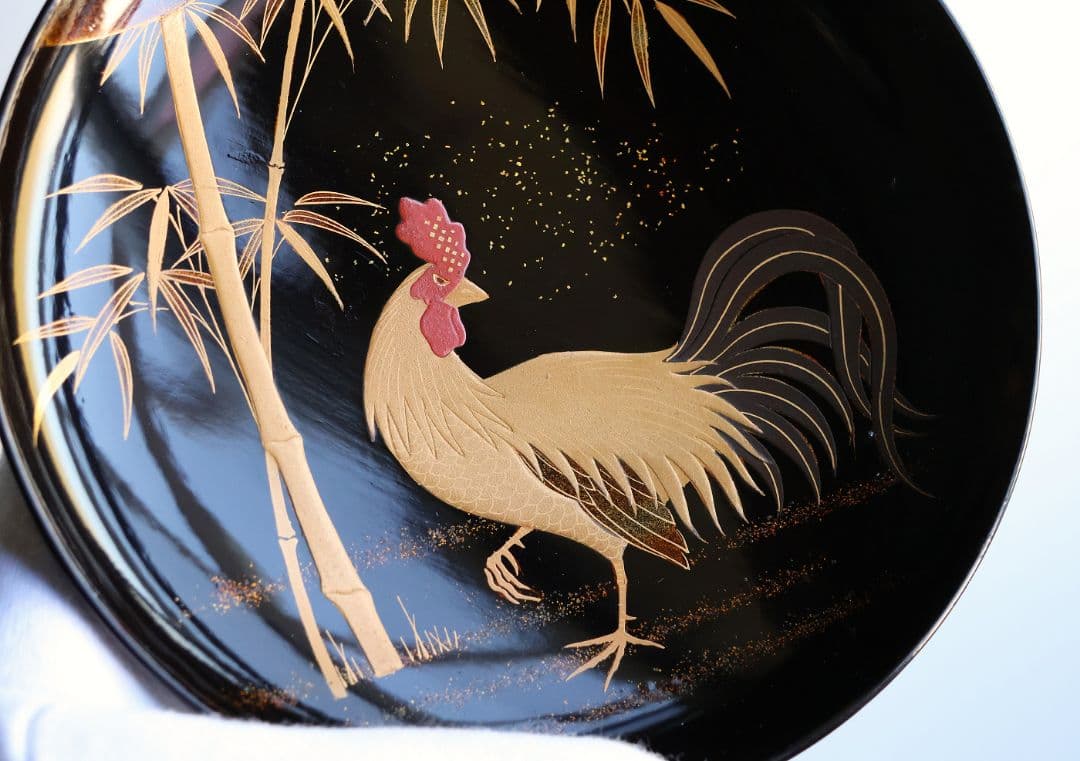 【CM352】時代蒔絵椀 竹に鶏金蒔絵 平椀二客 木製 /(検) 輪島塗加賀能登