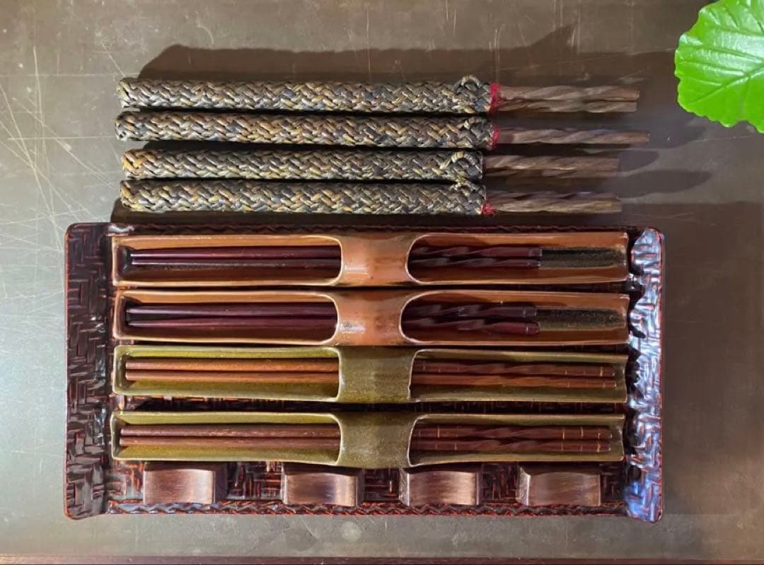 レア　美品　台形久留米籃胎(らんたい)漆器　付属 ・箸・箸置き・合計２１点セット