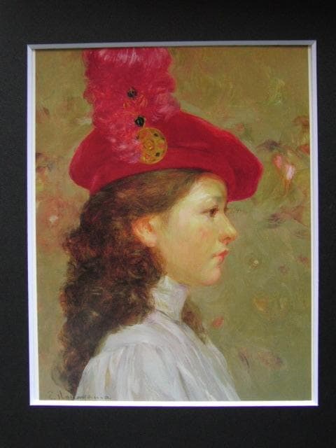 中山忠彦、「羽根飾りの帽子」、希少な額装用画集より、新品高級額装付