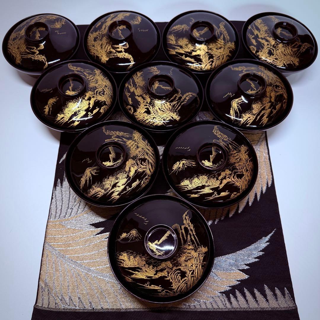 漆器　輪島塗　蒔絵金彩細工　松鶴絵　木製　蓋付椀　お煮物椀　吸物椀　10客　共箱