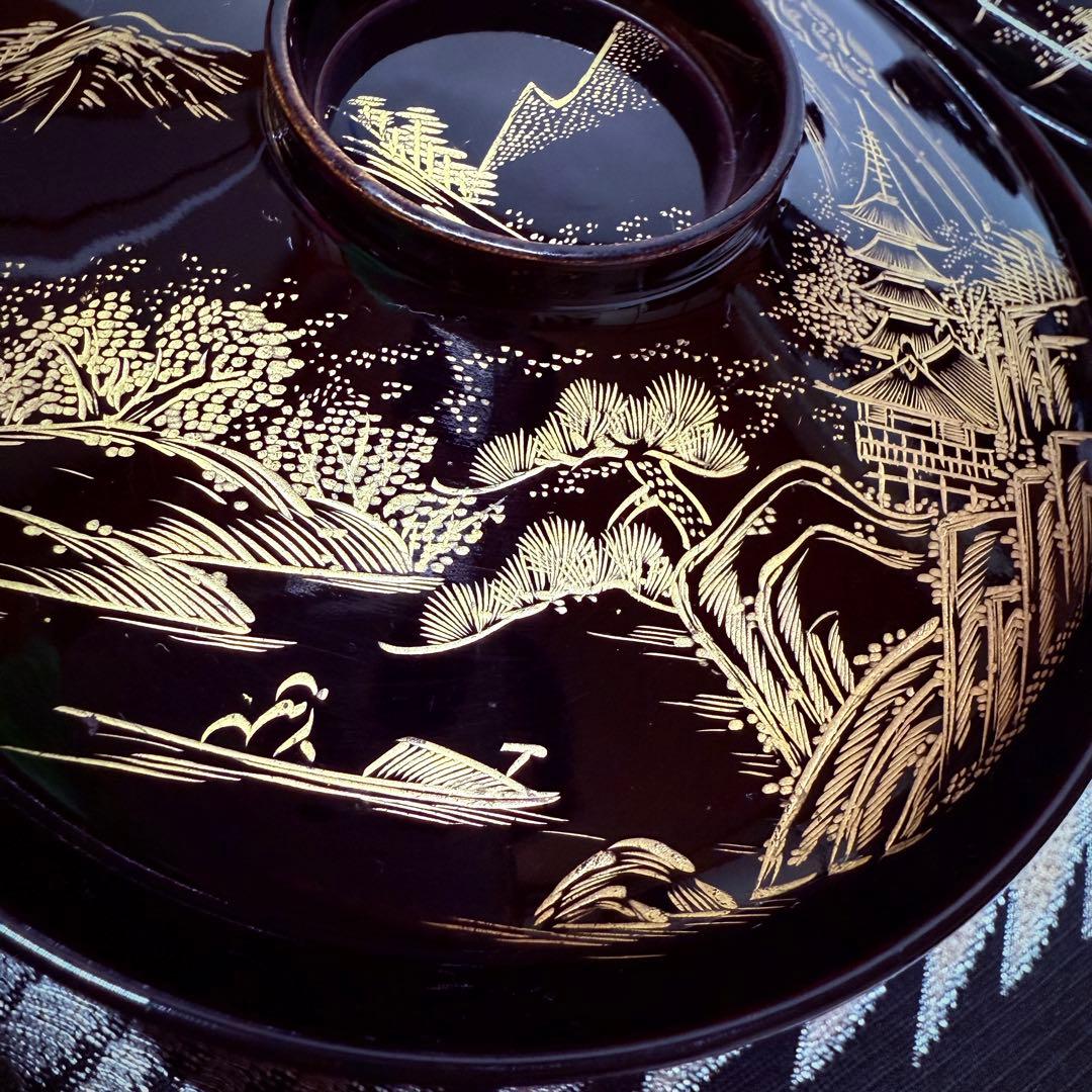漆器　輪島塗　蒔絵金彩細工　松鶴絵　木製　蓋付椀　お煮物椀　吸物椀　10客　共箱