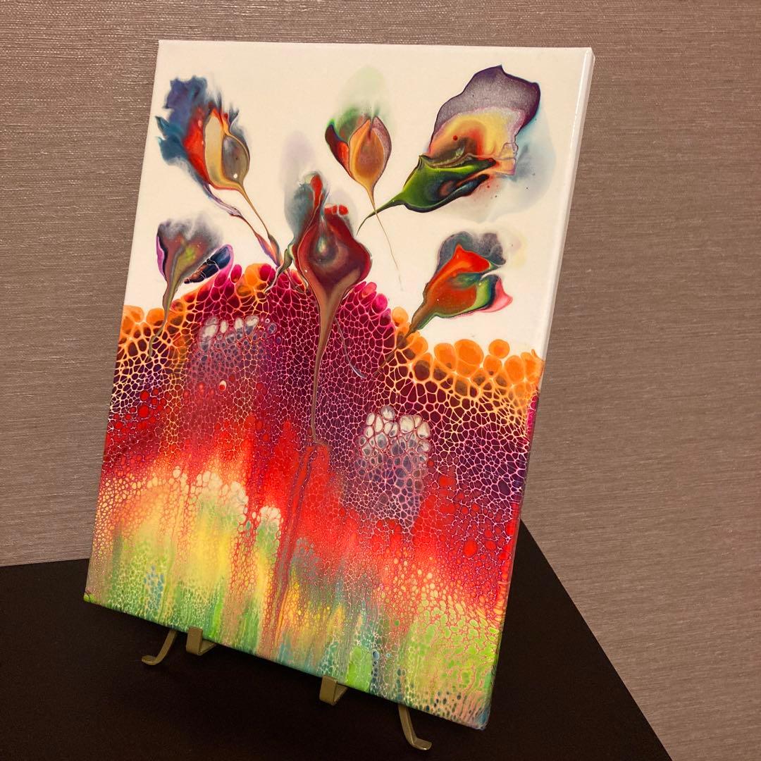 送料込み アクリルペイントアート 絵画 ラメ 赤 オレンジ